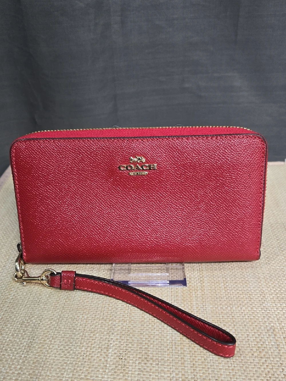 EUC Coach Red Saffiano Zip-Around Wristlet Wallet with Detachable Strap